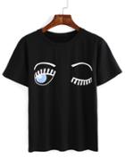 Romwe Eyes Print Black T-shirt