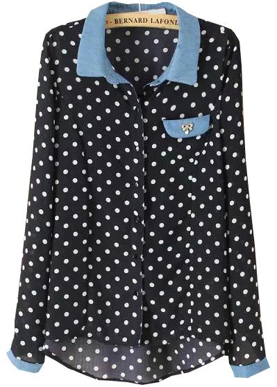 Romwe Contrast Collar Dip Hem Polka Dot Black Blouse