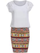 Romwe Crochet Hollow Top With Tribal Print Bodycon Skirt
