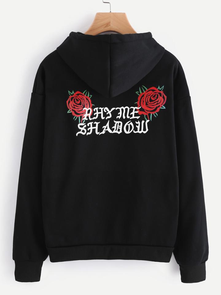 Romwe Rose And Letter Print Hoodie