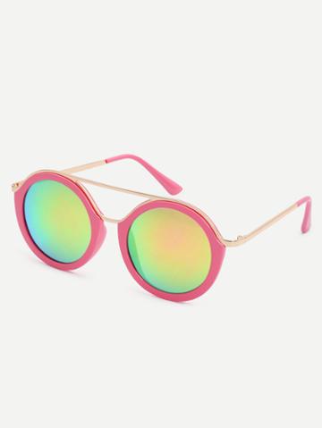Romwe Pink Frame Iridescent Round Sunglasses With Brow Bar