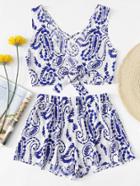 Romwe Paisley Print Knot Front Top With Shorts