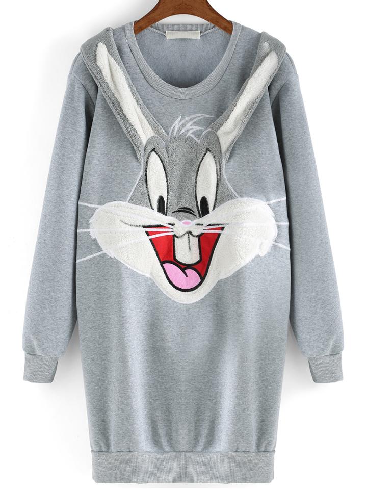 Romwe Rabbit Pattern Embroidered Long Sweatshirt