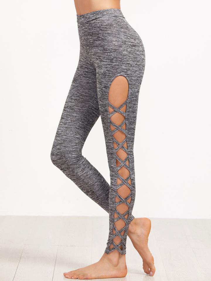 Romwe Grey Marled Knit Cutout Lattice Detail Leggings
