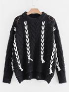 Romwe Contrast Lace Up Ripped Detail Pointelle Sweater