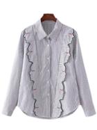 Romwe Blue White Abstract Figures Ruffle Stripe Blouse