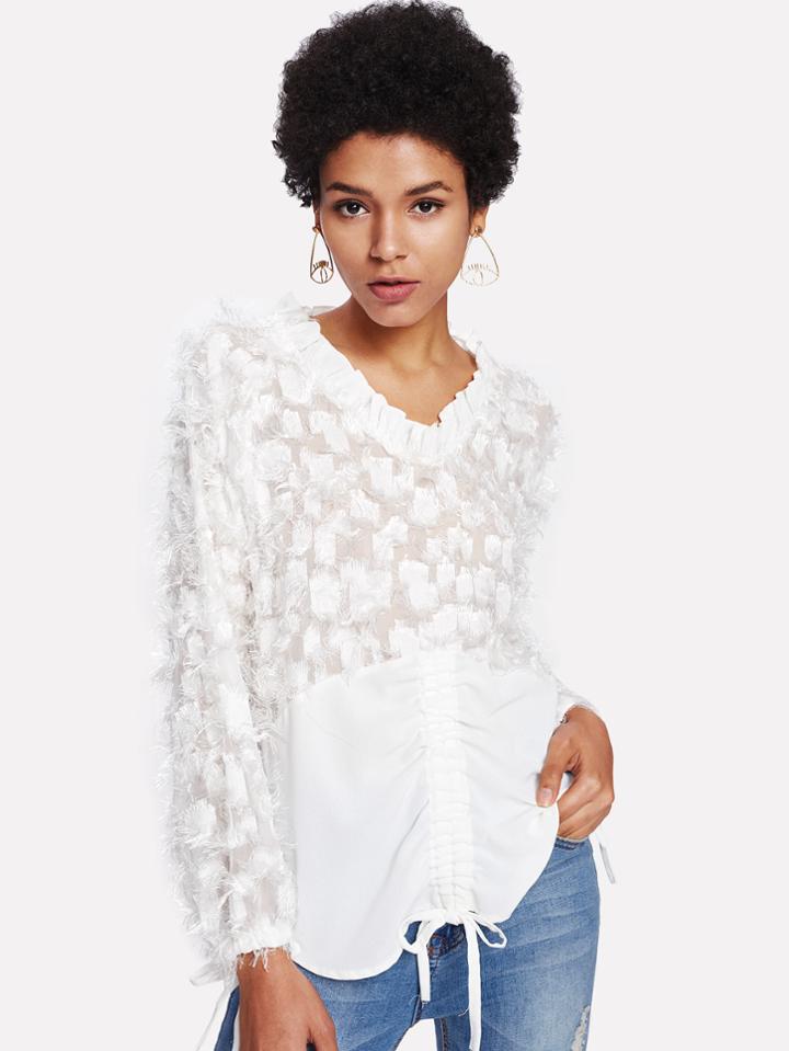 Romwe Fringe Detail Drawstring Blouse