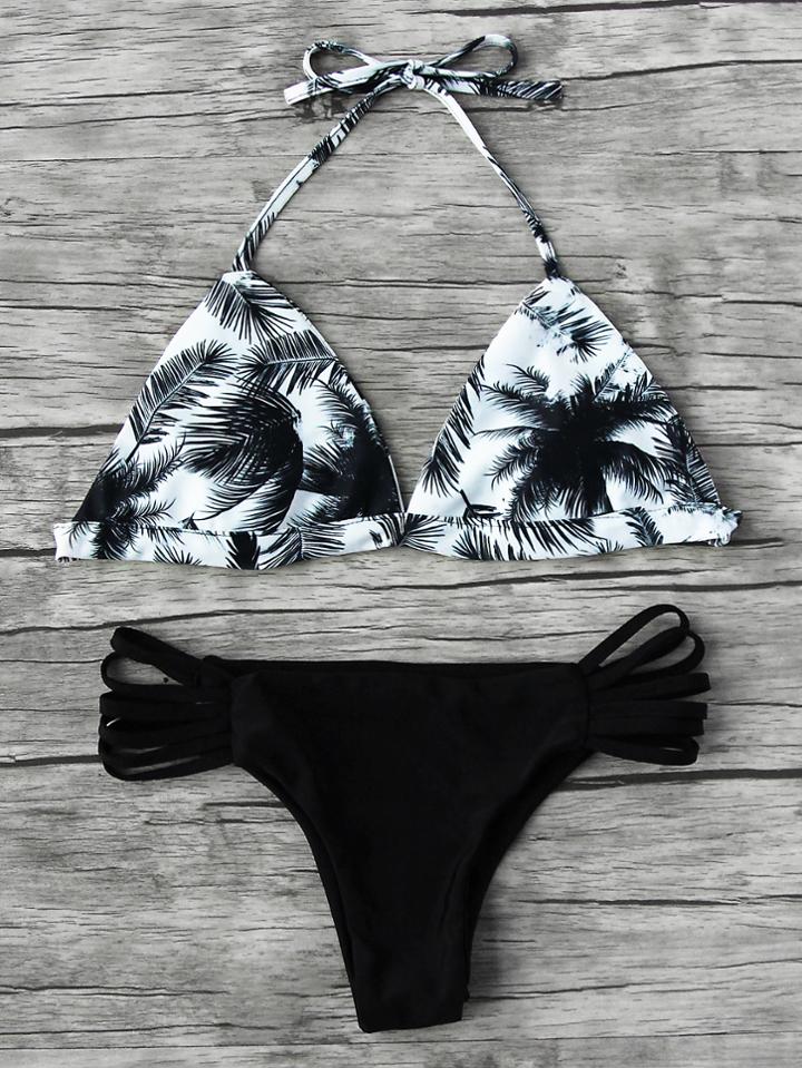 Romwe Jungle Print Ladder Cutout Triangle Bikini Set