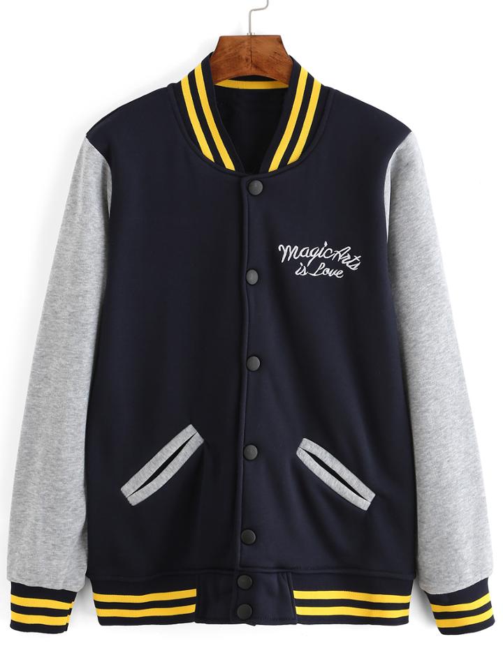 Romwe Letters Print Striped Trim Varsity Jacket