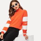 Romwe High Neck Color Block Letter Pullover
