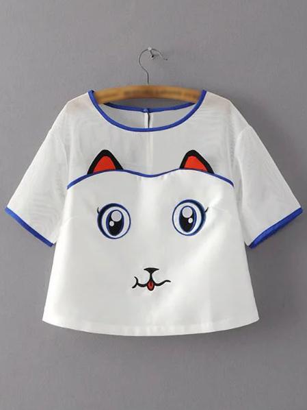 Romwe White Mesh Splicing Keyhole Back Cat Embroidery Blouse