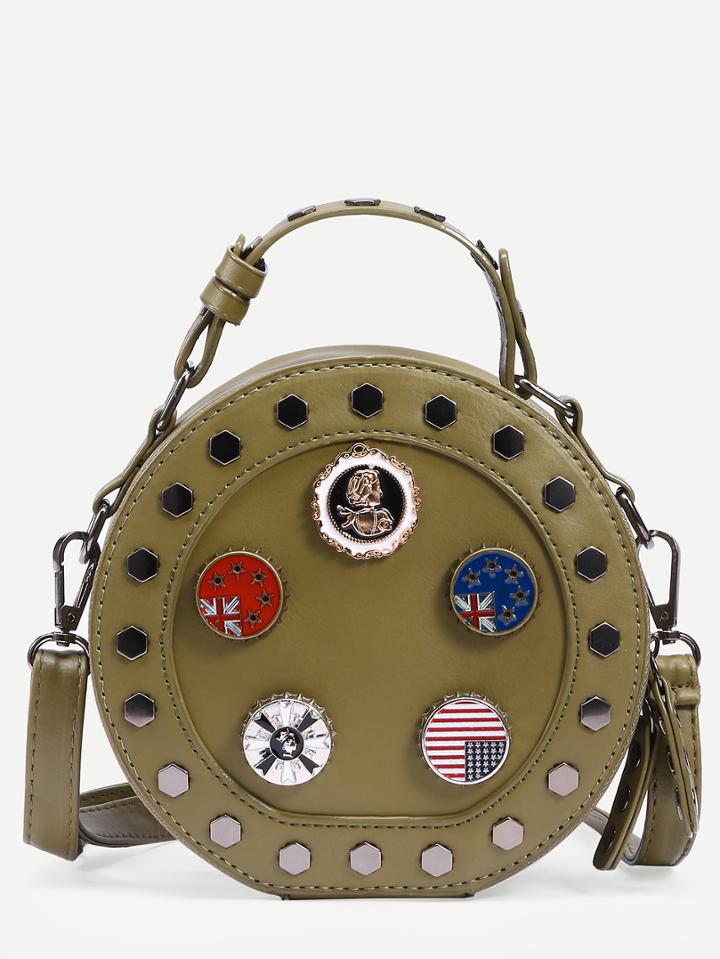 Romwe Green Metal Charm Studded Round Bag