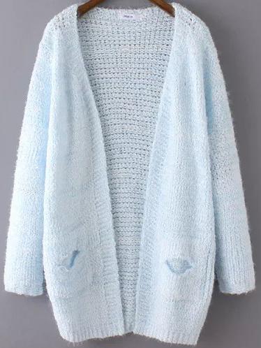 Romwe Open-knit Shaggy Pockets Blue Cardigan
