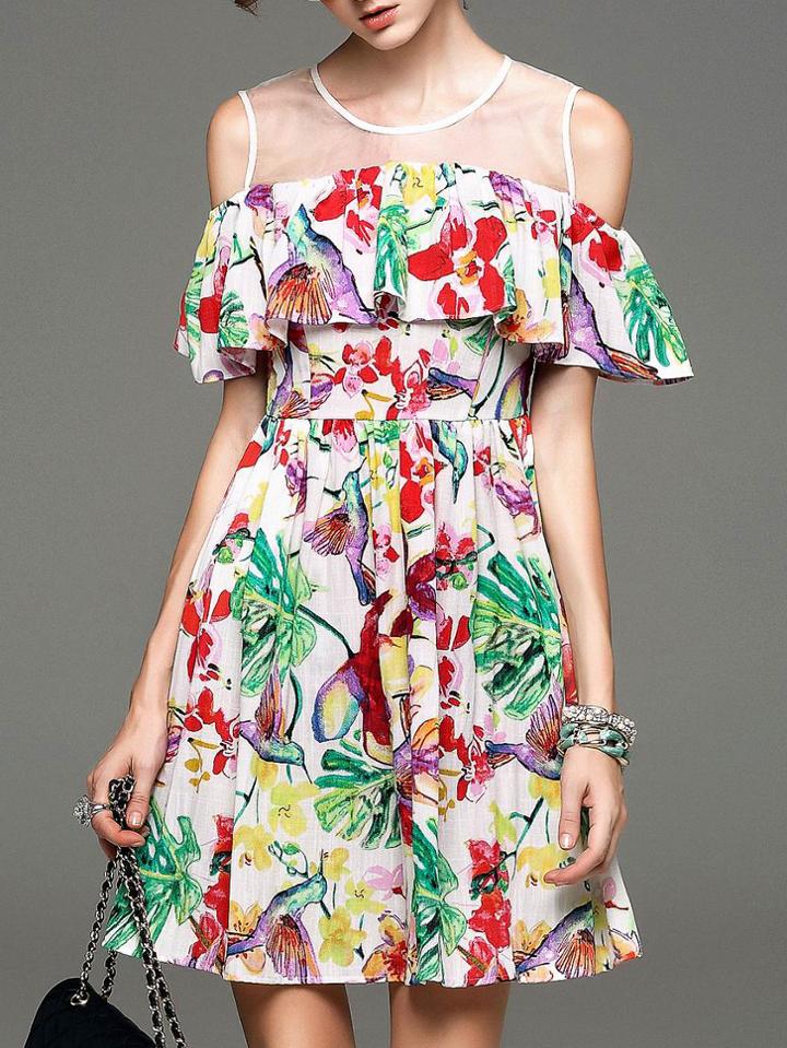 Romwe Multicolor Gauze Ruffle Print A-line Dress