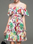 Romwe Multicolor Gauze Ruffle Print A-line Dress