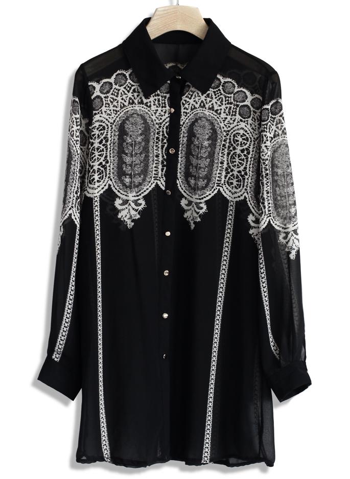 Romwe Lace Print Chiffon Oversize Shirt