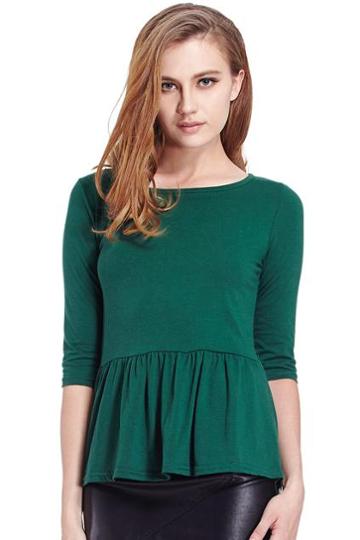 Romwe Round Neck Pleated Cropped Green T-shirt