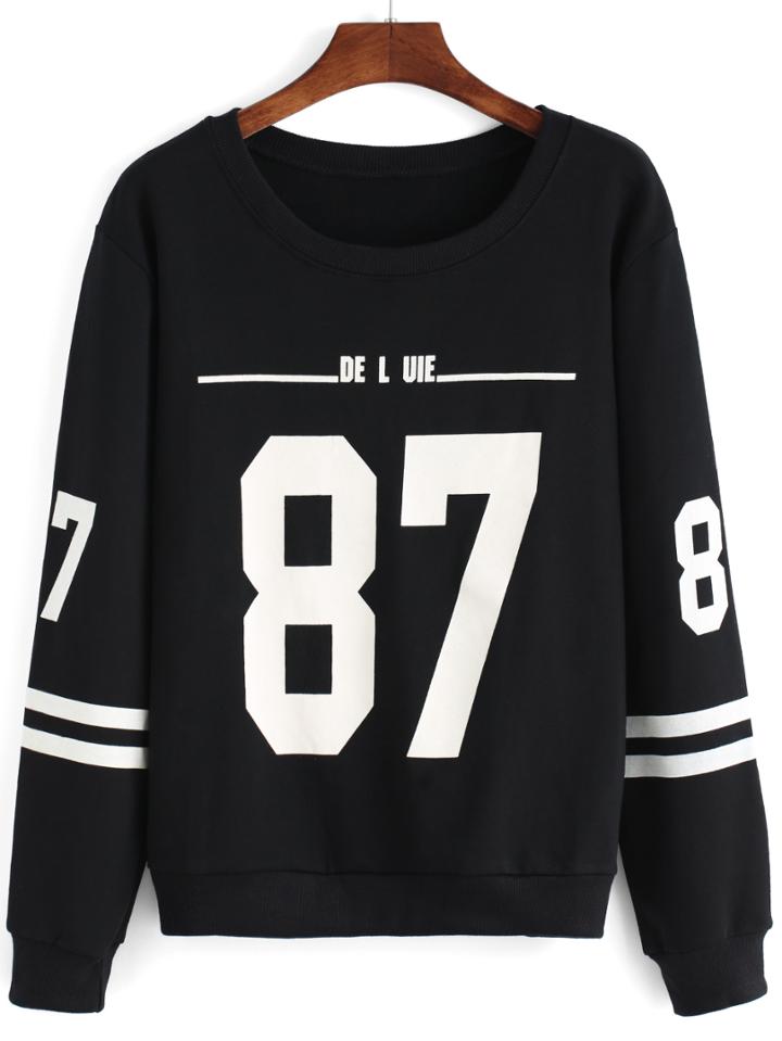 Romwe Round Neck Number Print Striped Black Sweatshirt