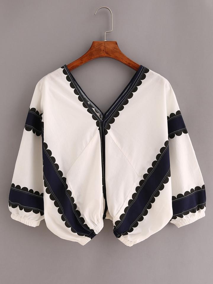 Romwe Double V-neck Elastic Hem Wide Stripe Top - White