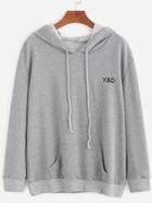 Romwe Grey Letter Embroidered Hooded Sweatshirt