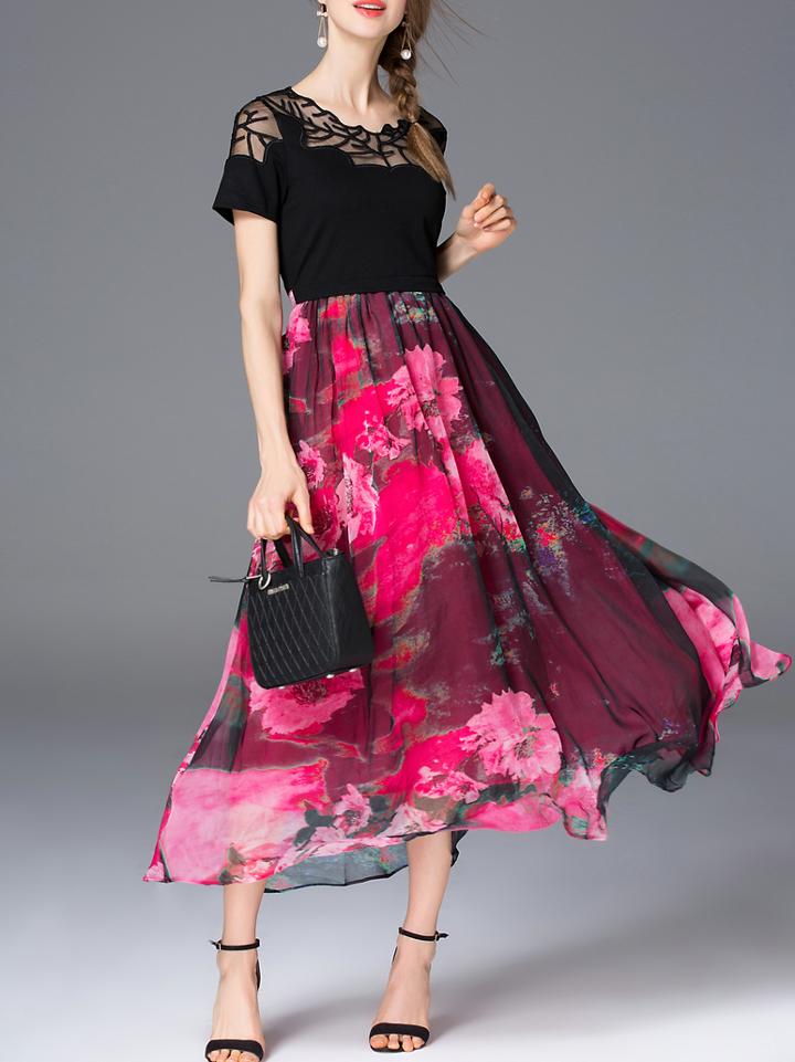 Romwe Red Gauze Embroidered Print Maxi Dress