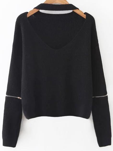 Romwe Black Choker V Neck Zipper Sleeve Sweater