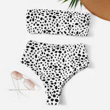 Romwe Dot Print Bandeau With High Waist Bikini Set