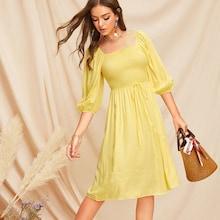 Romwe Tie Waist Shirred Bodice Bishop Sleeve Smock Dress