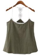 Romwe Green Backless Lace Splicing Spaghetti Strap Tank Top