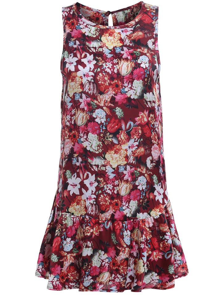Romwe Round Neck Floral Ruffle Dress