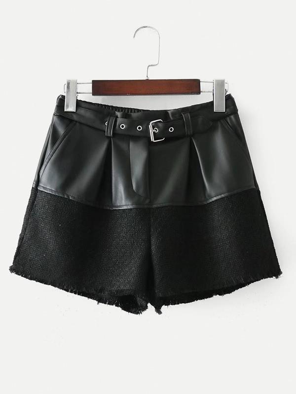 Romwe Pu Spliced Buckle Belt Shorts
