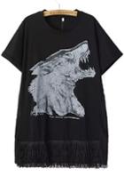 Romwe With Tassel Wolf Print T-shirt