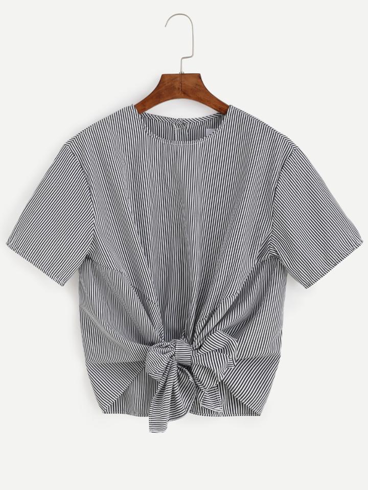 Romwe Grey Striped Bow Front Button Back Blouse