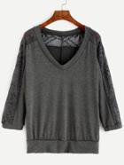 Romwe Grey V Neck Lace Insert T-shirt