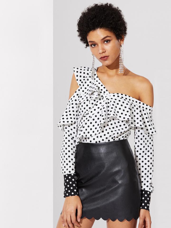 Romwe Flounce Asymmetric Shoulder Polka Dot Blouse