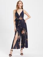 Romwe Random Florals Plunge Crisscross Backless Split Jumpsuit