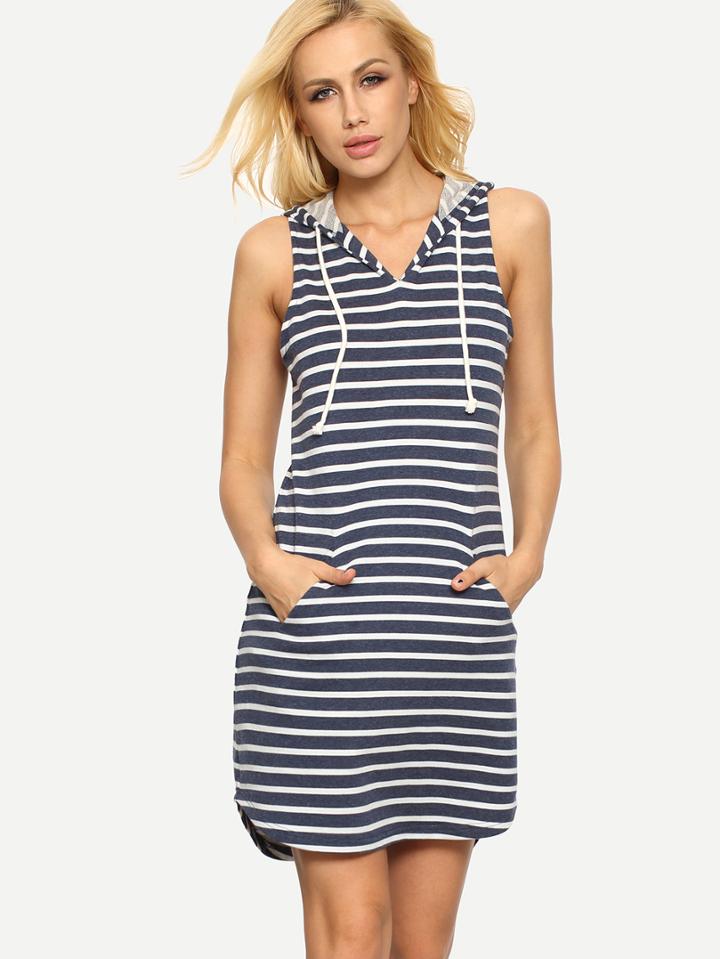 Romwe Blue White Striped Hooded Pockets Dress