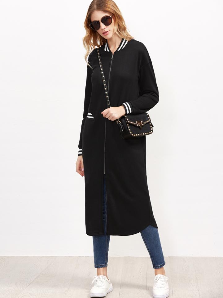 Romwe Black Striped Trim Zip Up Longline Baseball Coat