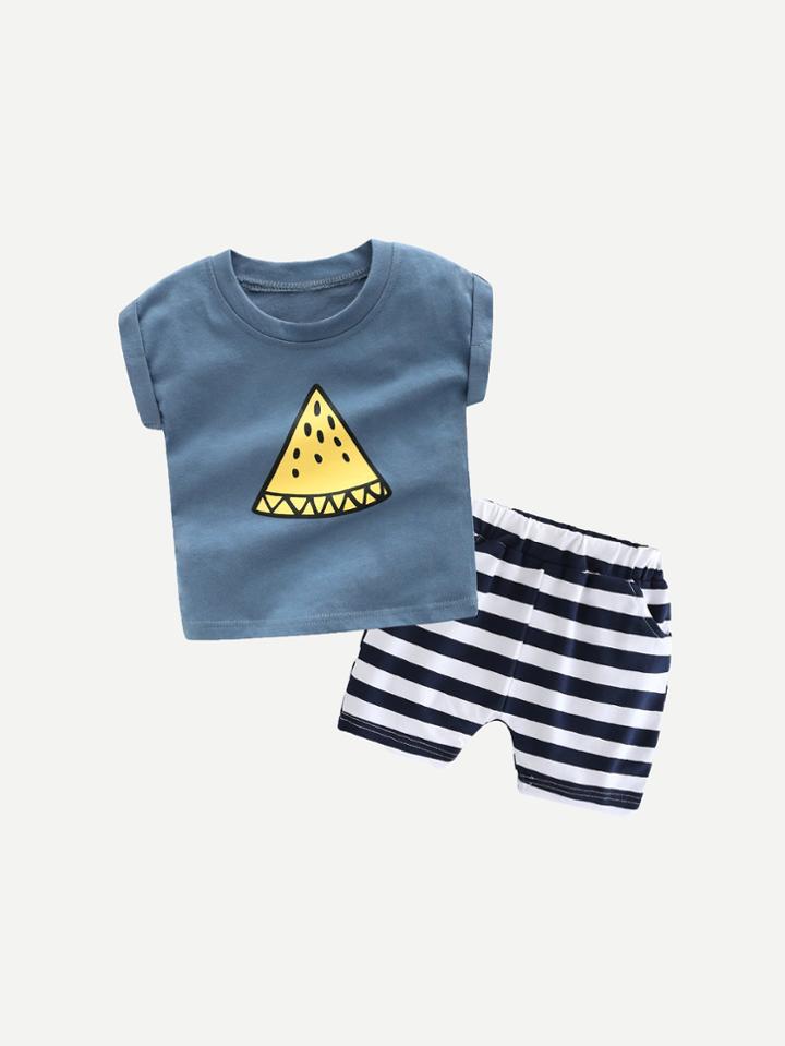 Romwe Watermelon Print Tee With Striped Shorts