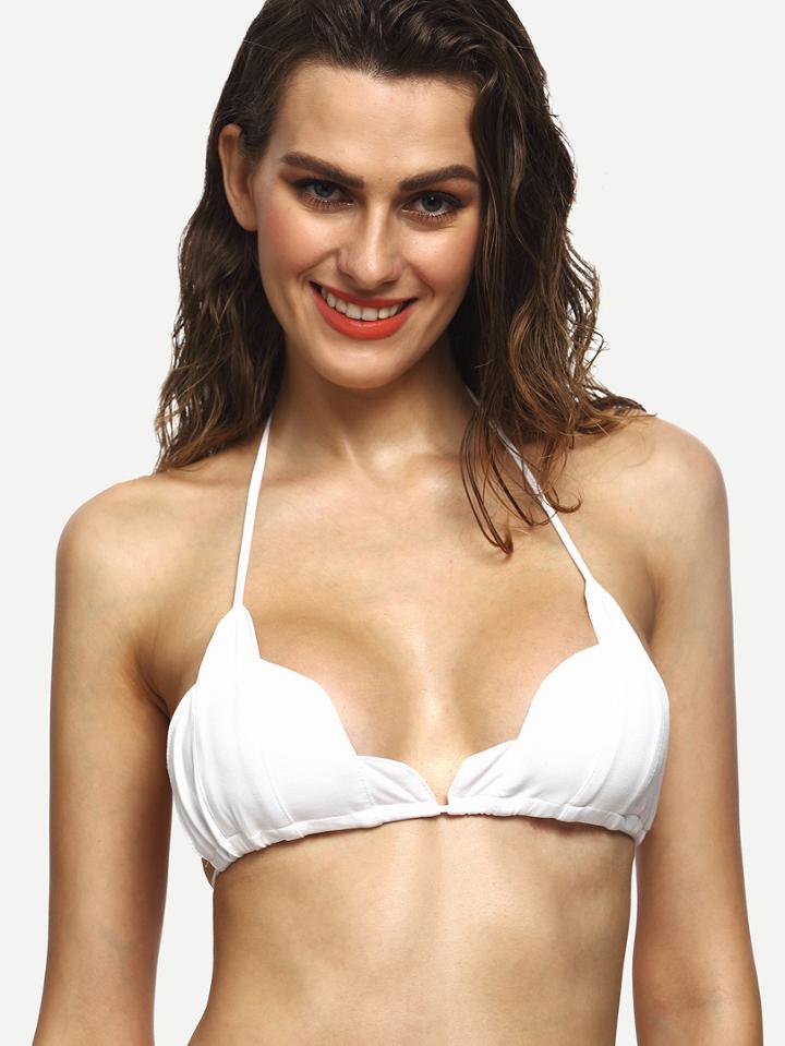 Romwe White Halter Neck Scalloped Bikini Top