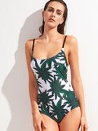 Romwe Tropical Print Lace Up Back Swimsuit