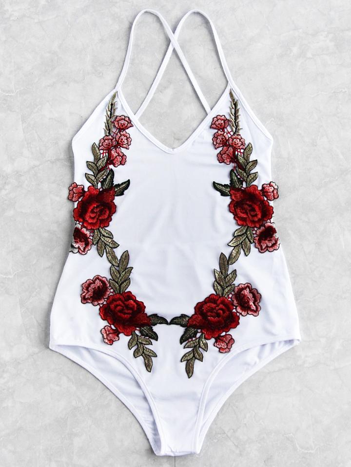 Romwe Flower Patch Cross Strap Swimsuit