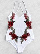 Romwe Flower Patch Cross Strap Swimsuit