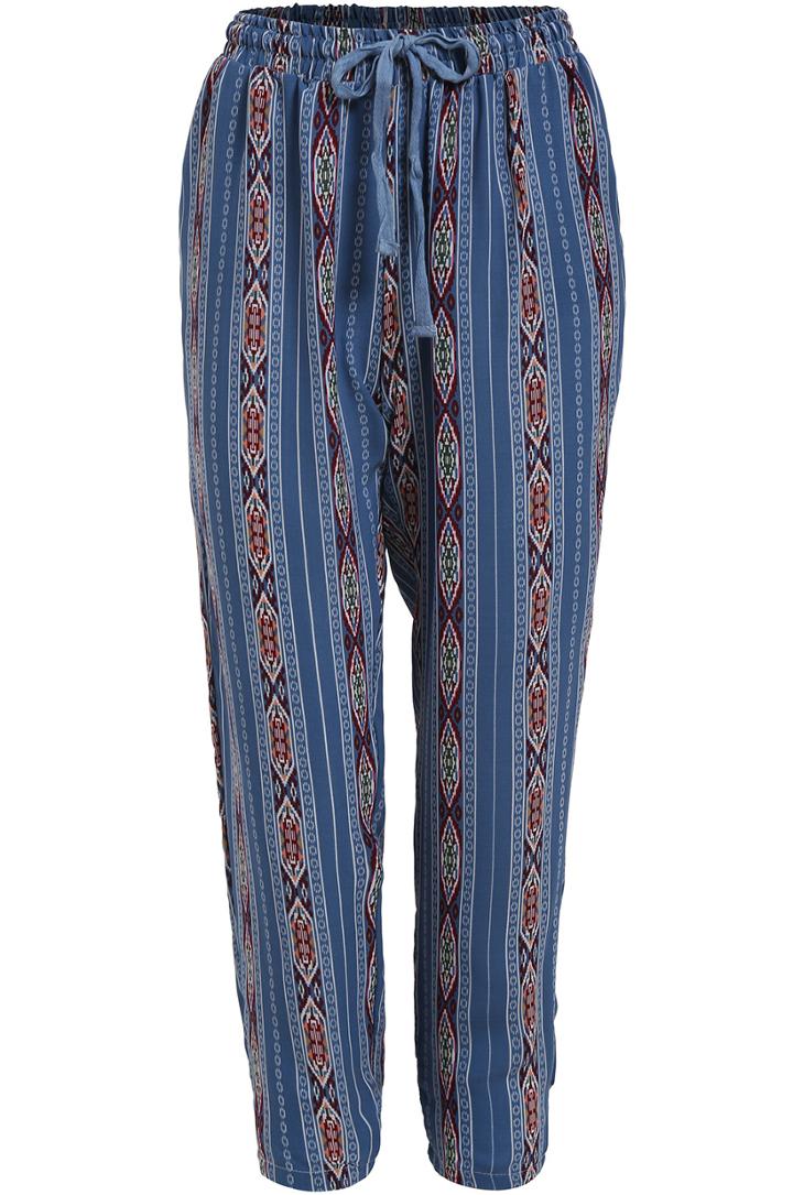 Romwe Blue Drawstring Waist Tribal Print Chiffon Pant