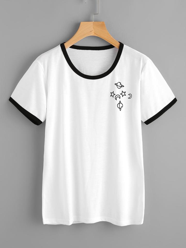 Romwe Contrast Trim Print T-shirt