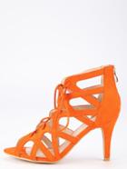 Romwe Faux Suede Caged Lace-up Heeled Sandals - Orange