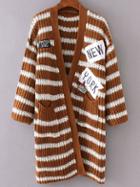 Romwe Khaki Striped Embroidered Patch Pocket Long Sweater Coat