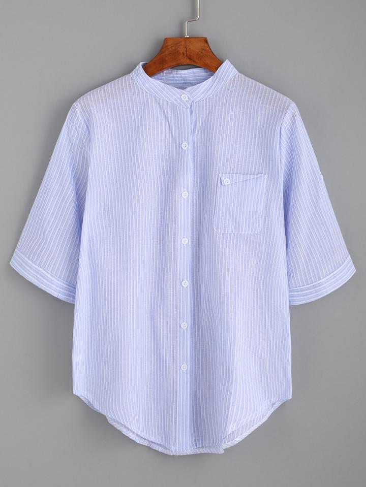 Romwe Blue Pinstriped Asymmetrical Blouse With Pocket