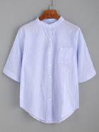 Romwe Blue Pinstriped Asymmetrical Blouse With Pocket