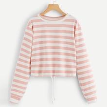 Romwe Striped Drawstring Hem Sweatshirt